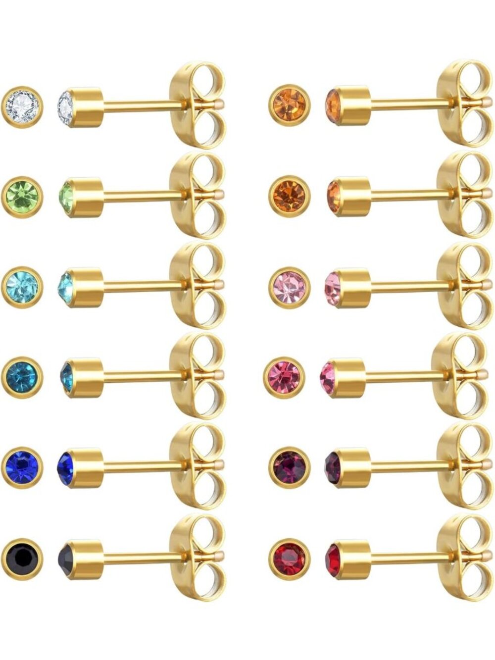 12 Pairs Birthstone Stud Earrings Set - Surgical Steel Heart Star Round